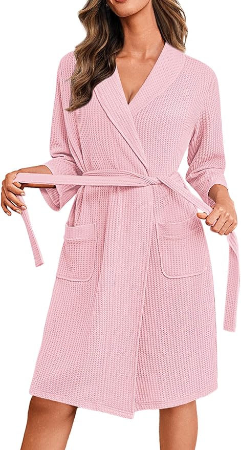 Ekouaer Robes for Women Waffle Knit Bathrobe Lightweight Kimono Robe Knee Length Loungewear with Pockets