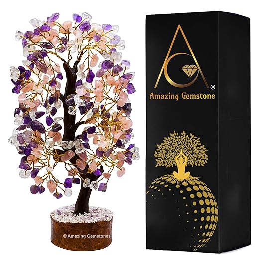 Amazing Gemstone Crystals and Healing Stones Birthday Gifts for Women - Rose Quartz Amethyst Clear Quartz Crystal Tree of Life Home Decor Stocking Stuffers, Bookshelf Decor Room Decor Meditation