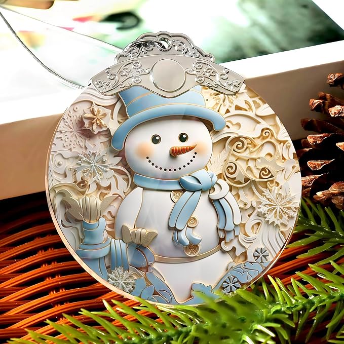 2025 Christmas Ornament, Stained Glass Effections, Christmas Tree 4 Inch Acrylic Ornament Art, White Elephant Gifts for Adults, Christmas Decorations (Blue hat Snowman)