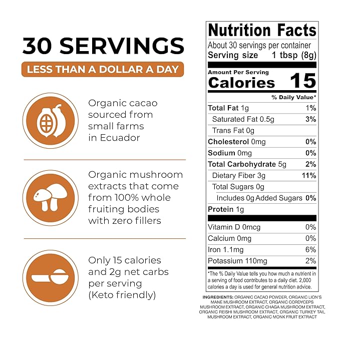 Inner Elevate Mushroom Hot Chocolate Superfood - Ceremonial Cacao with 5 Mushrooms (Lion's Mane, Cordyceps, Chaga, Reishi, Turkey Tail) - Great as a Coffee Alternative, Hot Chocolate, or Smoothie (30 Servings)