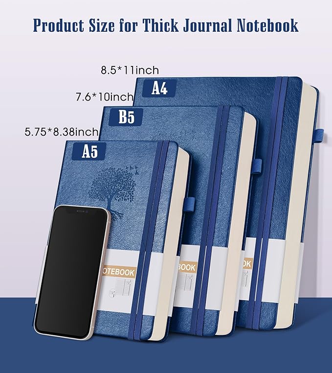 Lined Journal Notebook -365 Pages A5 Thick Journals for Writing Ruled Notebook, Hardcover Leather Journal for Women Men, Daily Notebook for Work, Note Taking, 100Gsm Paper( 5.75'' X 8.38'' Darkblue)
