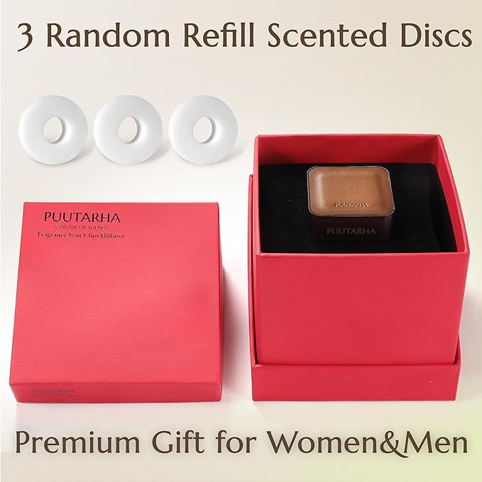 Premium Quality Car Air Freshener Leather and Metal Design Scent Vent Clip Diffuser,New Natural Fragrance Diffuser for Car with 3 Refill Scented Discs and Gift Box(Truffle Brown)