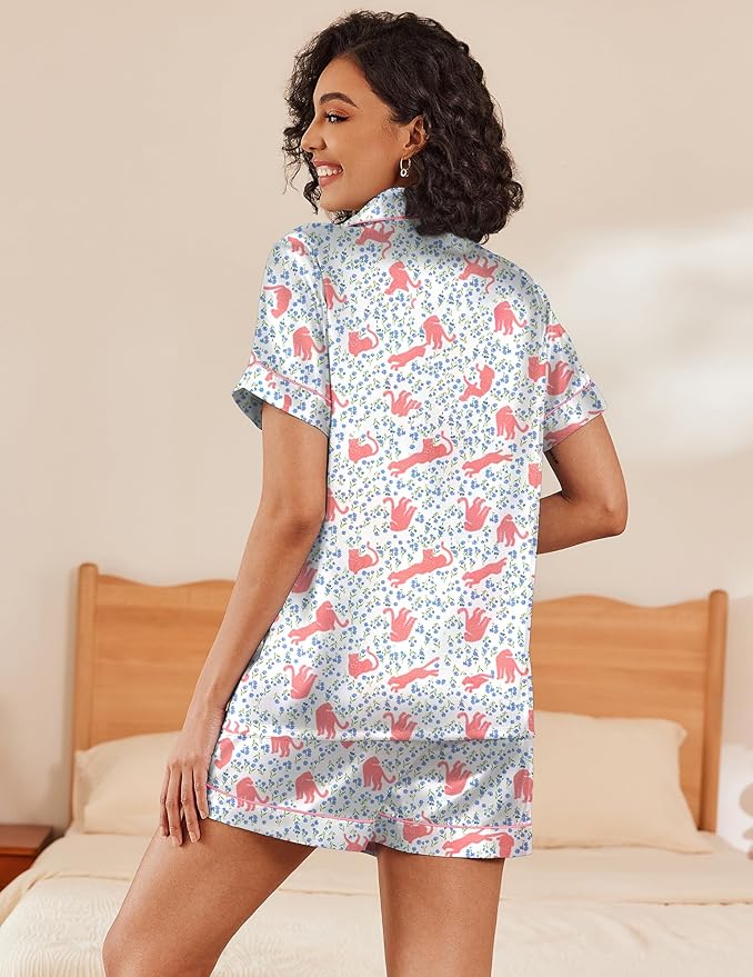 Ekouaer Silk Pajamas for Women Short Sleeve Sleepwear Soft Button Down Loungewear 2 Piece Satin Pjs Shorts Set S-XXL