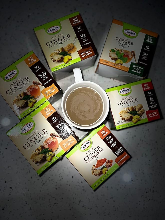 Kendel Instant Ginger Honey Tea, Caffeine Free (10 Sachets). Soothing flavor, Non-GMO