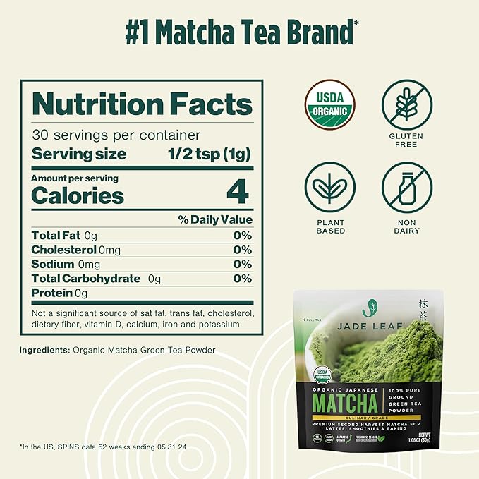 Jade Leaf Matcha Organic Green Tea Powder - Culinary Grade Premium Second Harvest - Authentic Japanese Origin (1.06 Ounce Resealable Pouch)