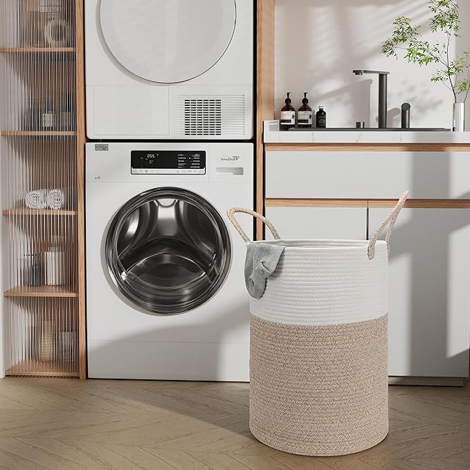 58L Cotton Rope Laundry Basket (20"x15"), Woven Storage Basket for Laundry, Living Room, Nursery, Bedroom, Blankets (White/Brow)