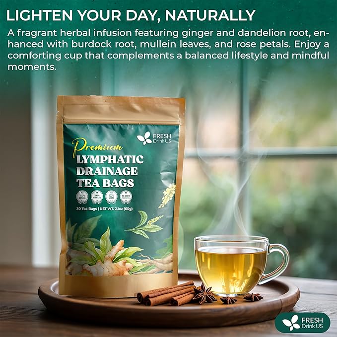 FreshDrinkUS, Lymphatic Drainage Tea | 30 Tea Bags | Herbal Tea Bags with Ginger, Dandelion Root, Burdock Root, Mullein, Calendula, Lemongrass, Rose, Licorice & Tulsi – Caffeine-Free Herbal Blend