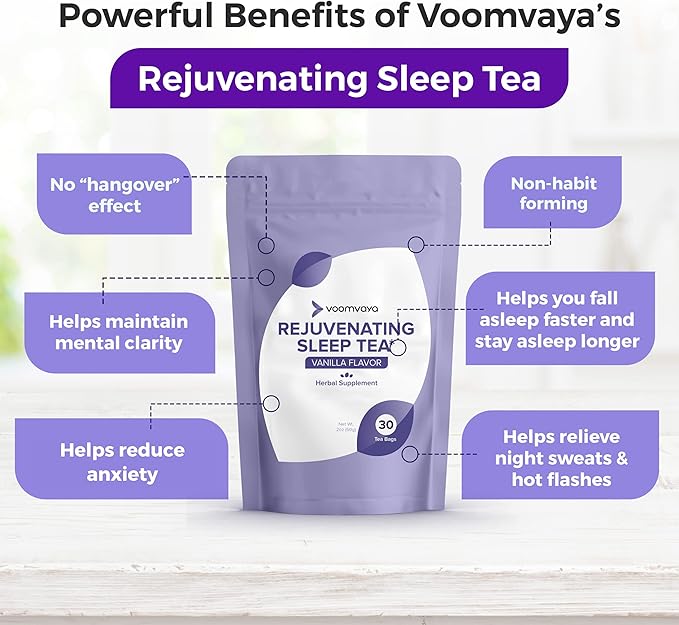 VoomVaya Rejuvenating Sleep Tea - Valerian Root Tea - Herbal Sleep Supplement for Menopause with Valerian Root, Lavender & Chamomile - Alleviates Hot Flashes, Night Sweats - 30 Teabags