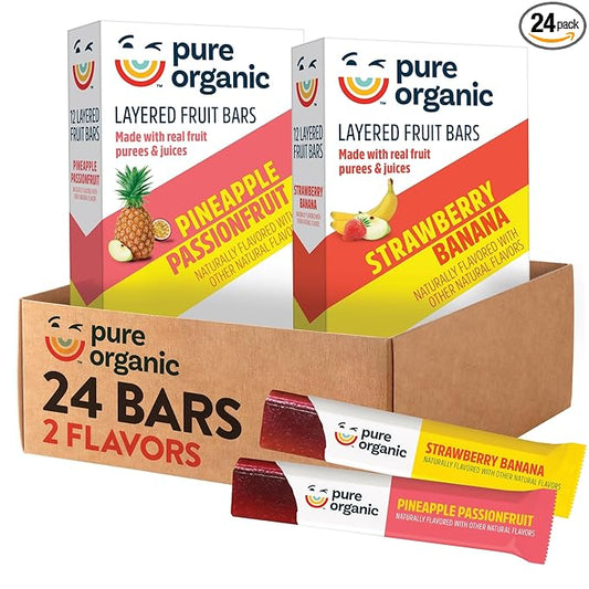 Pure Organic Layered Fruit Bars, Gluten Free, Vegan Fruit Snacks, Variety Pack, 12.4oz Box (24 Bars)