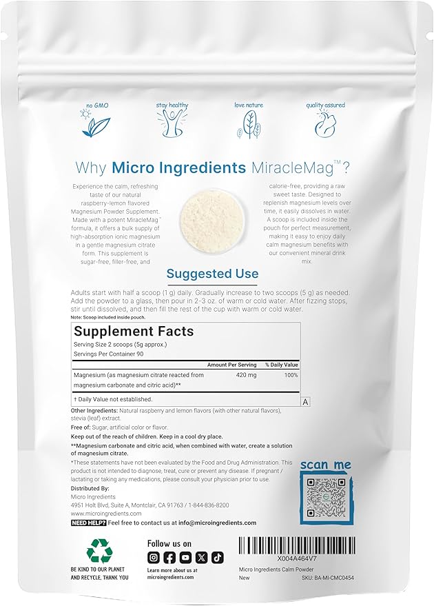 MiracleMag Calm Magnesium Powder, 1lb | Magnesium Citrate Supplement | Sweet Raspberry Lemon Flavored | Calm & Relaxation Mineral Support | Easily Absorbed Ionic Form | Non-GMO, Vegan, Sugar Free