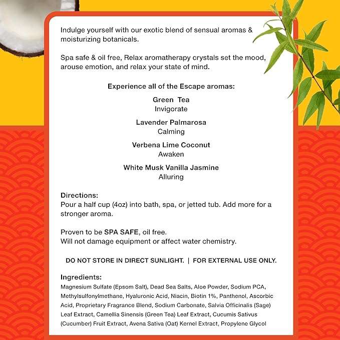 Relax Spa & Bath, Epsom & Dead Sea Salts, Aromatherapy Bath Salts for Hot Tub, Bath, or Spa, Infused with Magnesium, Verbena Lime Coconut Scent