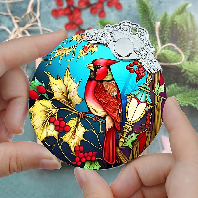 Christmas Ornament - Red Bird Cardinal Stained Glass Decor - Holiday Decorations and Xmas Gift Ideas for Tree