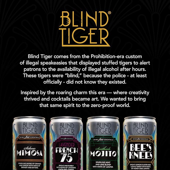 Blind Tiger Bee’s Knees 4-pack - Bright Lemon and Rich Honey Flavor - Premium Award-Winning Non-Alcoholic Mixer - Crafted by Mixologists - All-Natural Ingredients - Roaring '20s Flair - 8.4oz Per Can