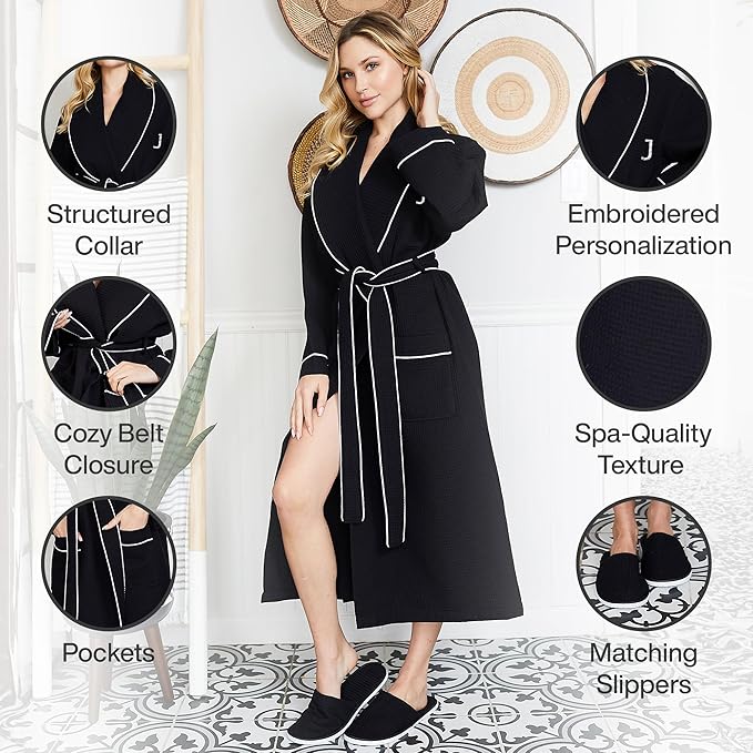 Lotus Linen Waffle Robes for Women - Lightweight Cotton Kimono Bathrobe - Long Soft Spa Bath Robe