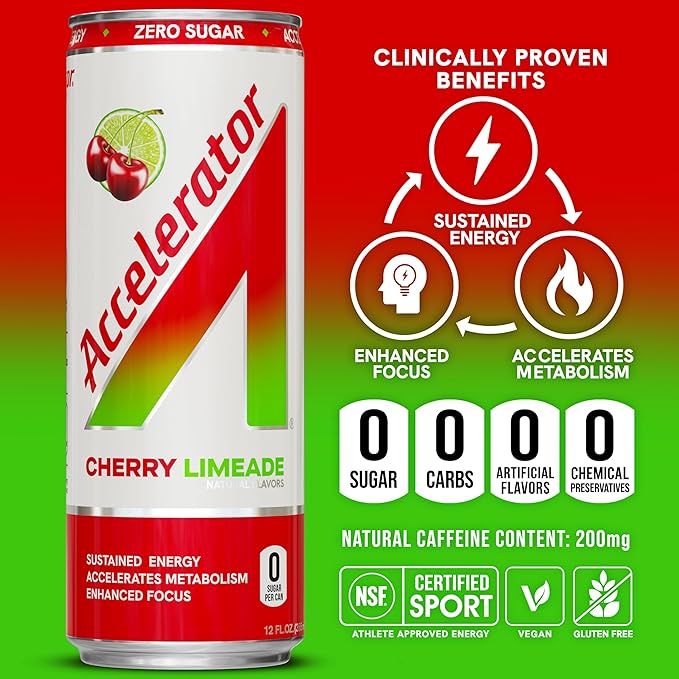 Accelerator Energy Drink Sugar Free, Cherry Limeade 12oz can(12 pack)Zero Sugar Energy Drinks with Sustained Energy from 100% Natural Caffeine (200mg) & Green Tea extract