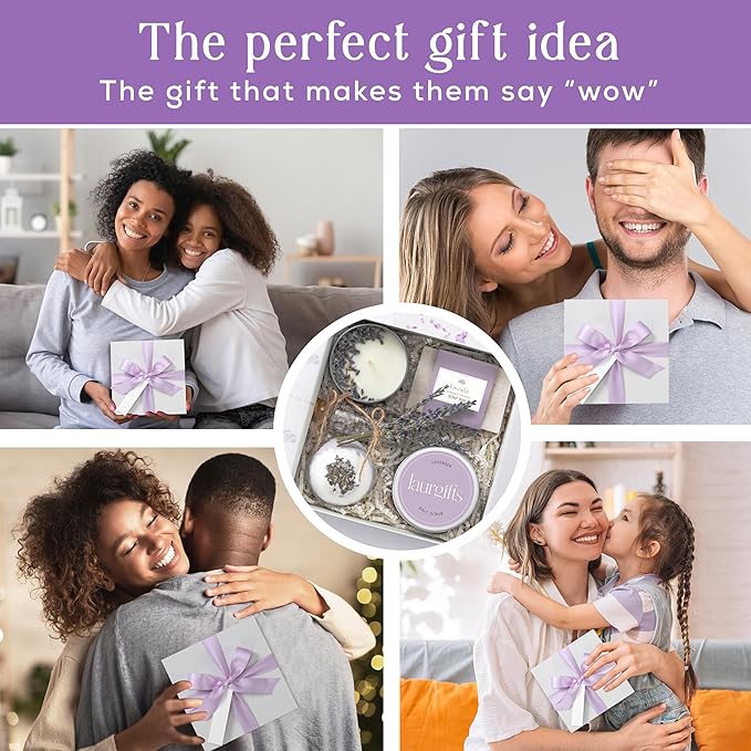 Small Lavender Spa Gift Box for Women – Relaxing Self Care Set with Candle, Bath Bomb, Soap & Scrub – Birthday, Thank You, Christmas, Housewarming, Bridal Shower, Get Well Soon Gifts for Her