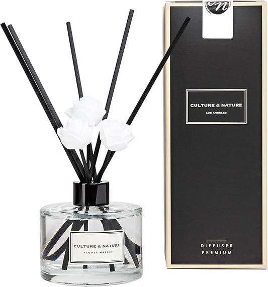 CULTURE & NATURE Reed Diffuser Set 6.7oz (200ml) Flower Market Scented Diffuser with Sticks Home Fragrance Reed Diffuser for Bathroom Shelf Decor