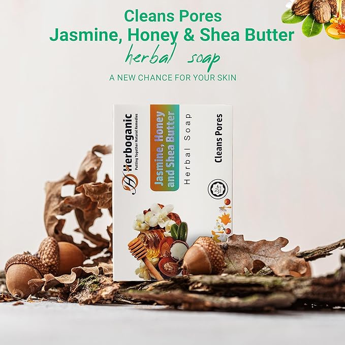 HERBOGANIC Jasmine Honey and Shea butter Herbal Soap | Pack of 6 of 5oz soap Bar | Ideal for Men and Women, Soothing and Nourishing Soap for Moisturization