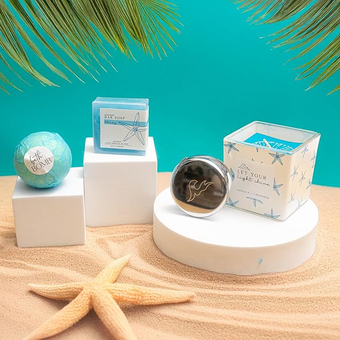 Self Care Gifts for Women. 15pc Gift Box Filled with Ocean Themed Beach Lover Gifts for Her. Thinking of You, Surgery Wellness Kit, Get Well Soon Basket, Birthday Package for Woman