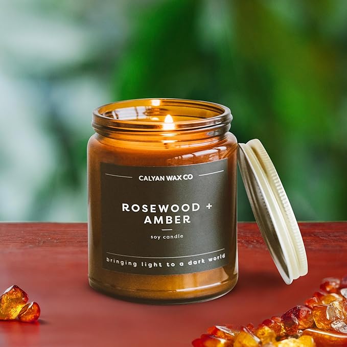 Calyan Wax Co. Soy Wax Candle, Rosewood + Amber Scented Candle, 57 Hour Burn Time, Aromatherapy Soy Candles, Non Toxic & Vegan Soy Wax, Amber Glass Jar Scented Candles, 7.2oz