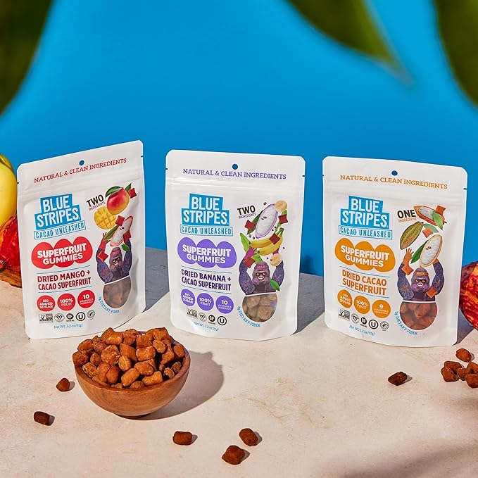 Blue Stripes Cacao Superfruit Gummies - Vegan Chewy Fruity Snack, No Sugar Added 100% Fruit Gummy, 9 Essential Vitamins & Minerals, Natural Tropical Superfood - Pineapple & Cacao, 3.2 oz (2 Pack)