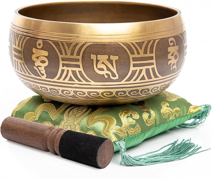 Tibetan Singing Bowl Set - Easy To Play Authentic Handcrafted For Meditation Sound Bowl Chakra Yoga Healing 4 Inches By Himalayan Bazaar (Gold & Green)