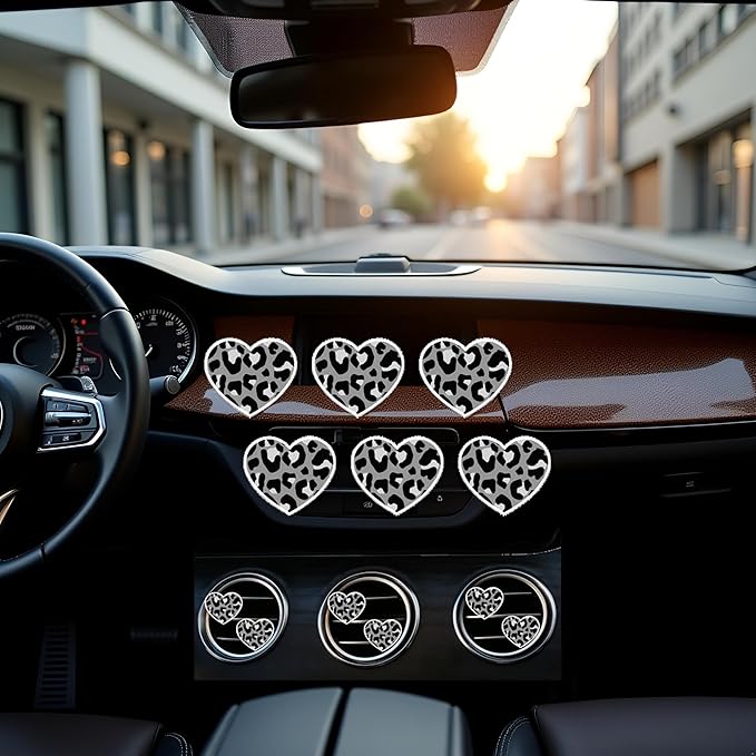 6 Pcs Heart Air Vent Clips, Cute Heart Cars Air Fresheners Vents Clips Funny Cars Diffuser Vent Clips Car Interior Decor Charm Cute Car Accessories Decoration for Women Automotive (Leopard Texture)