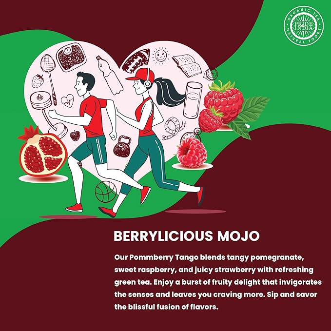 Pride of India | PommBerry Merlot Fruity Green Tea | 15 Pyramid Full Leaf Individually Wrapped Tea Bags | Tangy & Fruity Flavor | Vibrant & Uplifting Experience | Caffeine Free, Non-Bioengineered