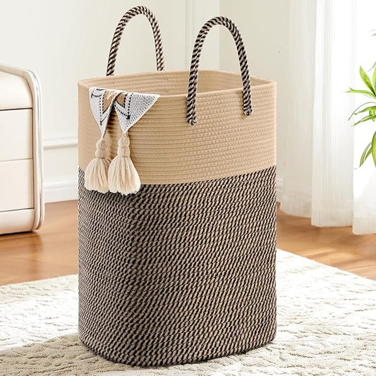 Laundry Basket,Woven Cotton Rope Laundry Hamper,Versatile Storage for Dirty Clothes,Baby Toys,and Blankets in Bathroom, Nursery,and Living Room (Jute, 40L)