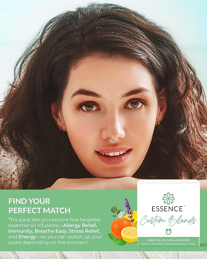 Essence Nasal Diffuser Custom Blends Bundle – Essential Oil Silicone Nose Rings for Energy, Immunity, Stress & Allergy Relief – Wearable Aromatherapy for Daily Wellness & Relaxation