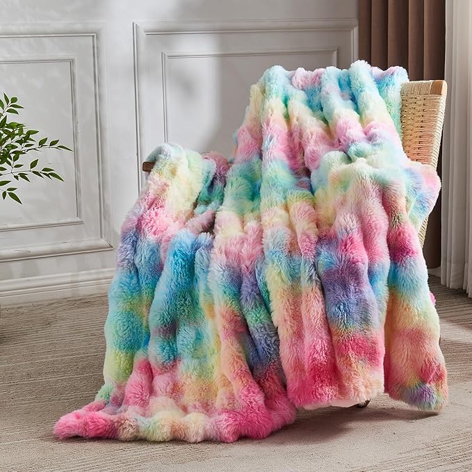 Lotus Karen King Size Faux Fur Blanket Rainbow - Big Bubble Rabbit Fluff Blanket for Bed, Large Fluffy Fuzzy Cozy Blanket, Thick Furry Plush Shaggy Blankets, 108x90 Inches