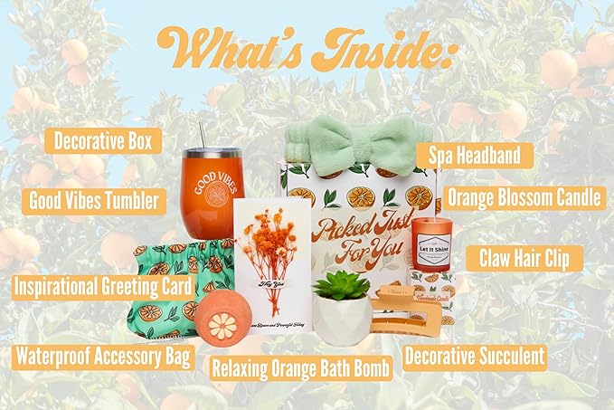 Sunny&Wise Orange Themed Gift Baskets for Women - Designed in USA - Care Package, Self Care Gifts, Get Well Soon, Thinking of You
