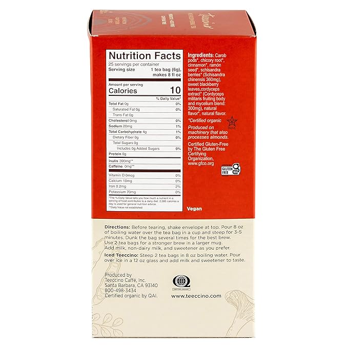 Teeccino Cordyceps Schisandra Tea - Cinnamon Berry - Caffeine Free Mushroom Adaptogenic Herbal Tea, 3x More Herbs Than Regular Tea Bags, Naturally Sweet, Gluten Free, Prebiotic - 25 Tea Bags