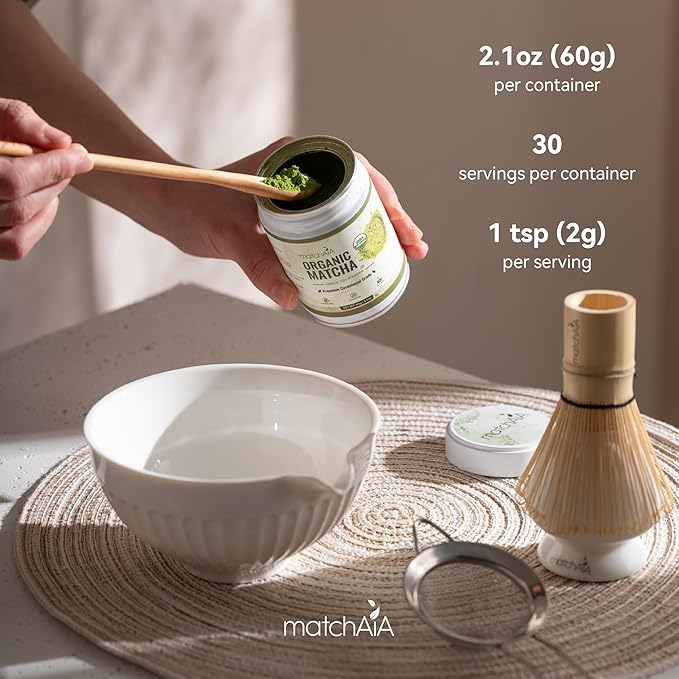 MatchAiA Organic Ceremonial Matcha Green Tea Powder - Premium Ceremonial Grade, First Spring Harvest, USDA Certified, 100% Pure - Sugar Free, Gluten Free (60g / 2.1oz Tin)