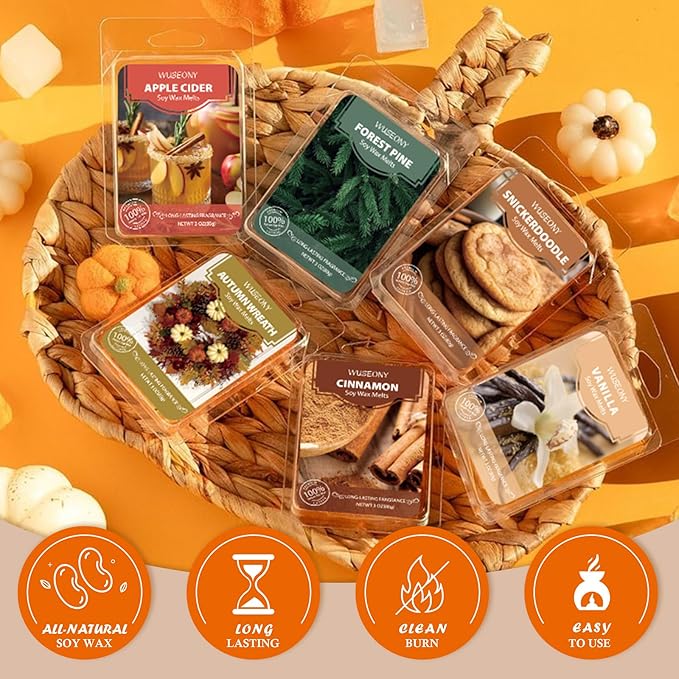 Autumn Scented Wax Melts, Fall Wax Cubes Gift Set, Soy Wax Tarts for Warmer - Pumpkin Pie, Apple Cider, Cinnamon, Autumn Wreath, Forest Pine, Snickerdoodle, Caramel Corn, Vanilla, 8 Pack