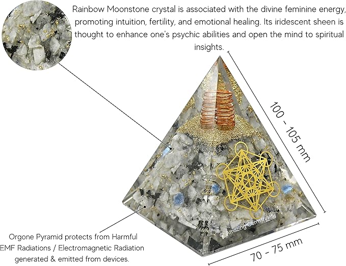 Amazing Gemstone Organite Orgone Pyramid Extra Large 105 MM - Metatron Cube Orgone Energy Pyramid with Rainbow Moonstone Crystals and Healing Stone - Orgonite Pyramids Crystals and Positive Energy