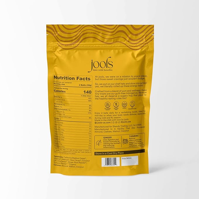 Jools Medjool Date Energy Bites with Ginger & Turmeric – Made with Organic Ingredients – Superfood Snack to Support Vitality – Tastes Like Golden Spice & Caramel – Chewy, Nutty, Naturally Sweet – No Added Sugar, Vegan & Gluten Free | 3 × 4 oz Pouches