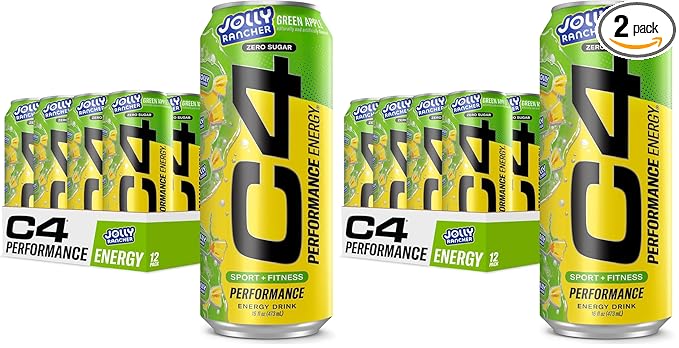Cellucor C4 Performance Energy Drink | JOLLY RANCHER Green Apple | Zero Sugar Carbonated Preworkout Energy | 200mg Caffeine with Beta Alanine | 16 Fl Oz (24 Pack)