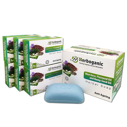 HERBOGANIC Aloe Vera, Flaxseed and Hemp seed oil Herbal Soap | Pack of 6 of 5oz soap Bar | Ideal for Men and Women, Soothing and Nourishing Soap for Moisturization