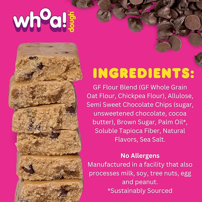 Whoa Dough Edible Cookie Dough Bars- Certified Non-GMO, Kosher and Gluten Free Bars - Healthy Snack Foods - Plant Based Snacks Made With Real Ingredients - Chocolate Chip Cookie Dough - 10 Pack