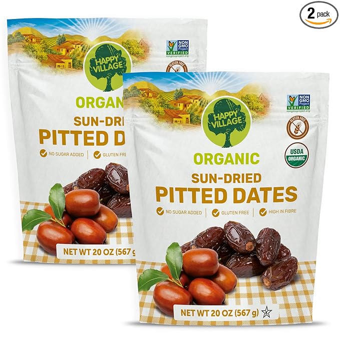 Happy Village Organic Dates Pitted, No Sugar Added Dried Dates Fruit, 40 OZ (2 Packs of 20 OZ) - Kosher, Non-GMO, Unsweetened, Vegan Sun-Dried Dates