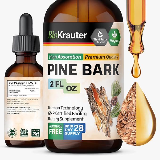 BIO KRAUTER Pine Bark Extract - Rich in Antioxidants Liquid Supplement - 400 mg French Maritime Pine Bark Extract Drops - Vegan, Alcohol & Sugar Free - 2 Fl Oz