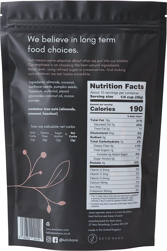 Keto Hana Keto Nut Granola (11oz), Cocoa Flavored- Low Carb, Low Calorie, High Protein (2g Net Carbs)