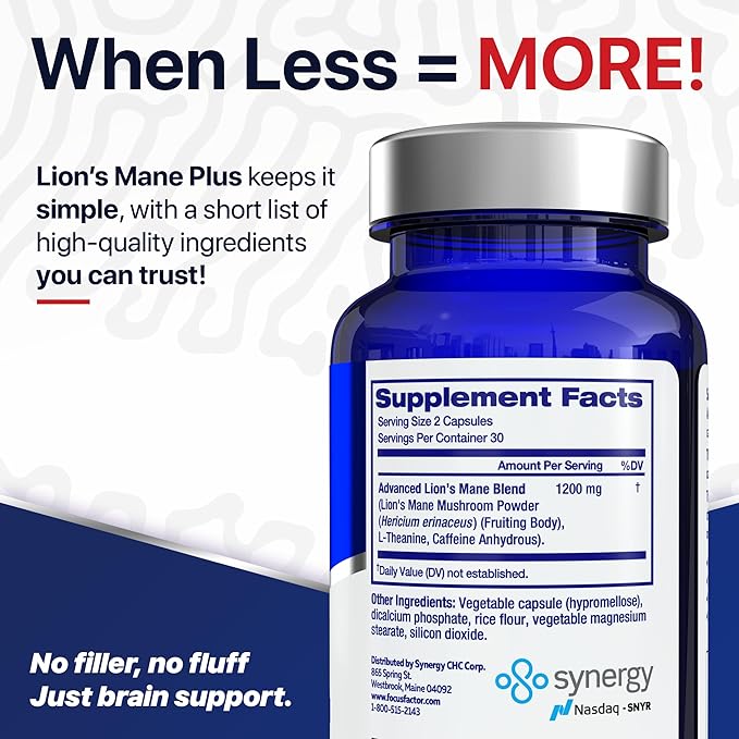 Focus Factor Lions Mane Plus, Advanced Nootropic with L-Theanine, Caffeine, Focus and Energy (60 Count)