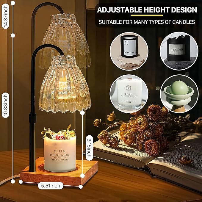 Candle Warmer Lamp with Timer, Dimmable Melted Wax Warmer with Two Bulbs, Height Adjustable Candle Lamp for Bedroom, Living Room Home Decor, House Warming Gift (Black Pole + White Lampshade)