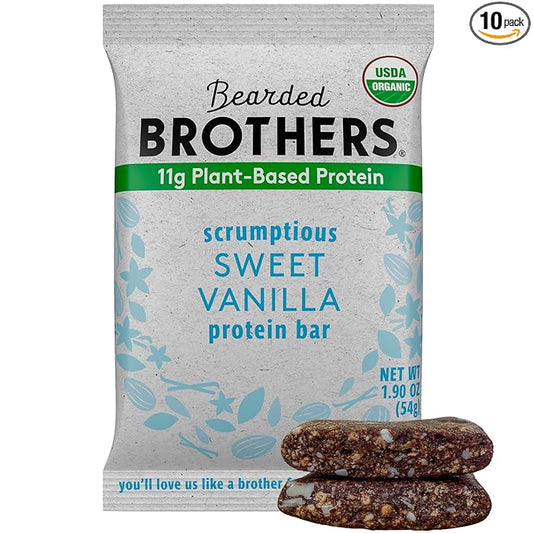 Bearded Brothers Organic Protein Bars, Vanilla (10 Pack) - 11g of Plant Based Protein Gluten Free Vegan, Non-GMO Healthy Snacks for Adults Good Source of Fiber