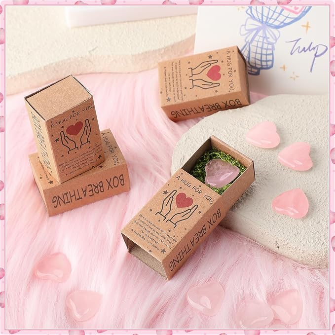 Landical 50 Sets Pocket Hug Token Gifts Small Crystal Heart Stones Bulk with Boxes Mini Heart Shape Natural Stones for Colleagues Family Distance Social Celebration of Life Gifts(Pink)