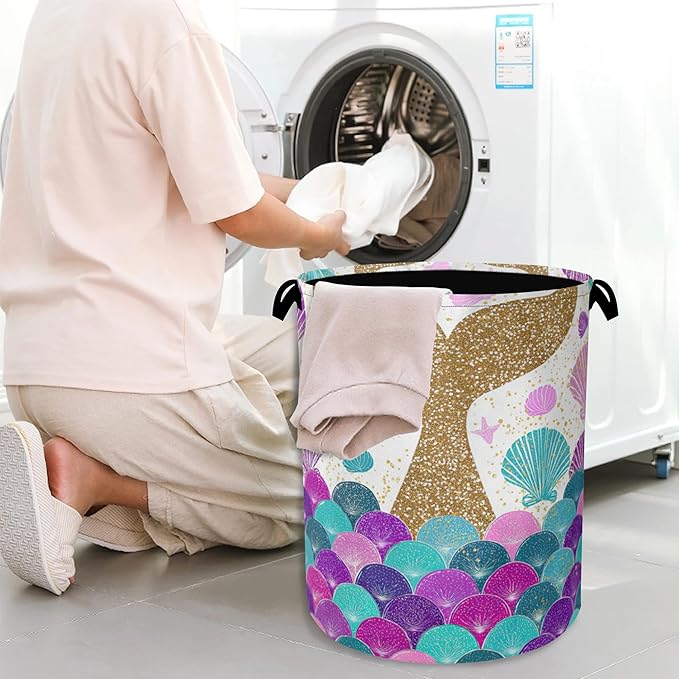 Fish Scales Laundry Basket,Mermaids Seashell Foldable Oxford Cloth Tote Bag Laundry Hamper Clothes Storage Bucket Organizer for Bedroom Laundry Storage Dormitories 16" x 20.8"