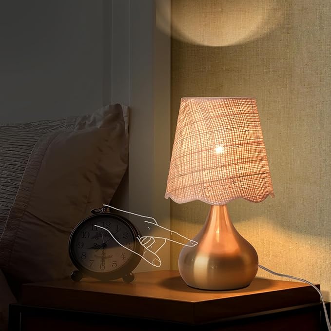Gold Small Bedside Table Lamp Touche Control 3-Way Dimmable Brass Mini Table Lamps for Nightstand, Rattan Shade Small Table Lamps for Small Spaces for Kitchen Counter, Bookshelf, Bedroom