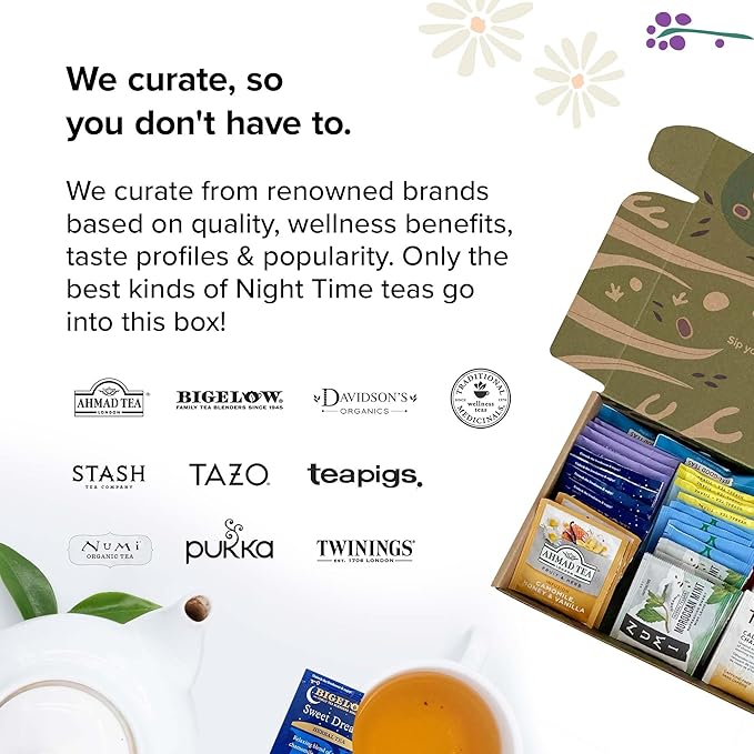 Sippingly Night Time Tea Sampler – 40 Herbal Teas – 10 Flavors from Top Brands – Chamomile, Lavender, Passionflower – Perfect Relaxation & Sleep Support – Ideal Wellness Gift – Kosher, Gluten-Free